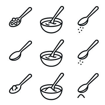Spoon Action Icons. Outline icon set of tablespoon in action: scooping cereal, stirring soup, adding salt, flour. Line icons in