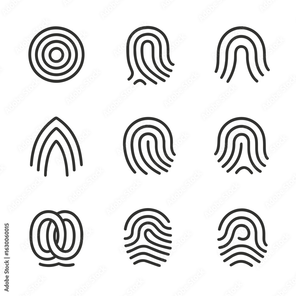 Aufkleber handprint icon set. outline icon set of handprint patterns: whorl, loop, arch, tented arch, radial l