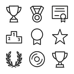 Sports Award Icons. Outline icon set of sports awards and achievements: trophy, medal, certificate, podium, ribbon, star, laurel