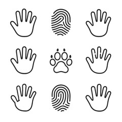 Fototapeta premium Handprint Icon Set. Outline icon set of handprint types: palm print, fingerprint, child’s handprint, adult handprint, animal paw