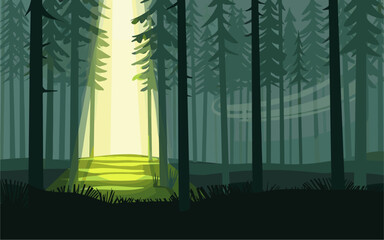 Minimalist vector illustration of a tranquil pine forest at sunrise, with soft sunlight, mossy ground, and gentle mist. Calm and peaceful nature scene in muted green tones