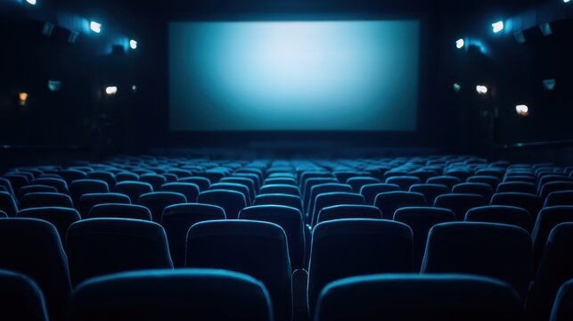 Empty movie theater seats in dark blue color