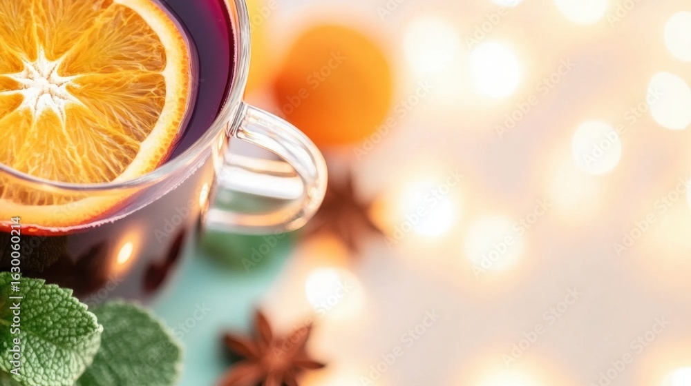 Poster warm beverage with orange slice and spices on a festive table setting