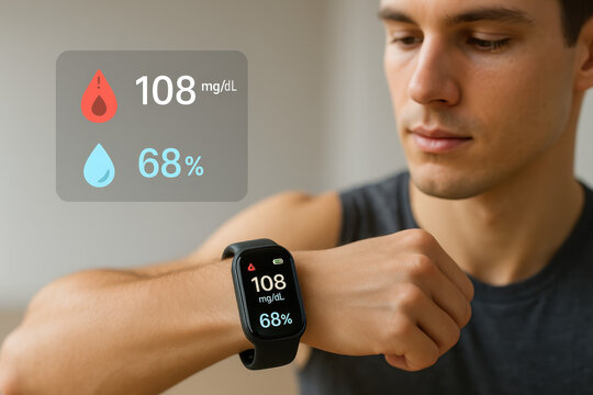Person Reviews Health Metrics On Smart Device With Graphic Overlay And Gray Tank Top