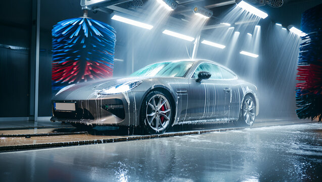 Modern Silver Car in Automatic Car Wash Tunnel with Rotating Brushes and Bright Lights Cleaning and Shining the Vehicle Exterior for Automotive Enthusiasts
