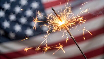 Sparkler Bursts with Light Against Defocused Flag Backdrop for Celebratory Occasions