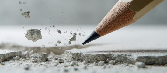 Pencil breaking gray surface, fragments flying, macro shot