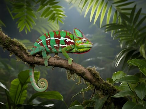 A vibrant green chameleon with red and white stripes climbs a mossy tree branch