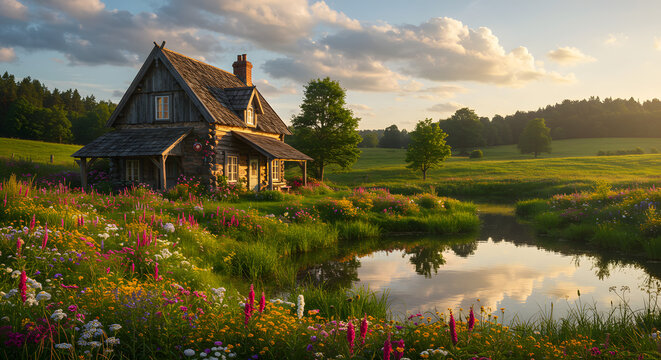 Cottagecore idyllic cabin by river with flowers meadow at sunset tranquil landscape peaceful countryside scene