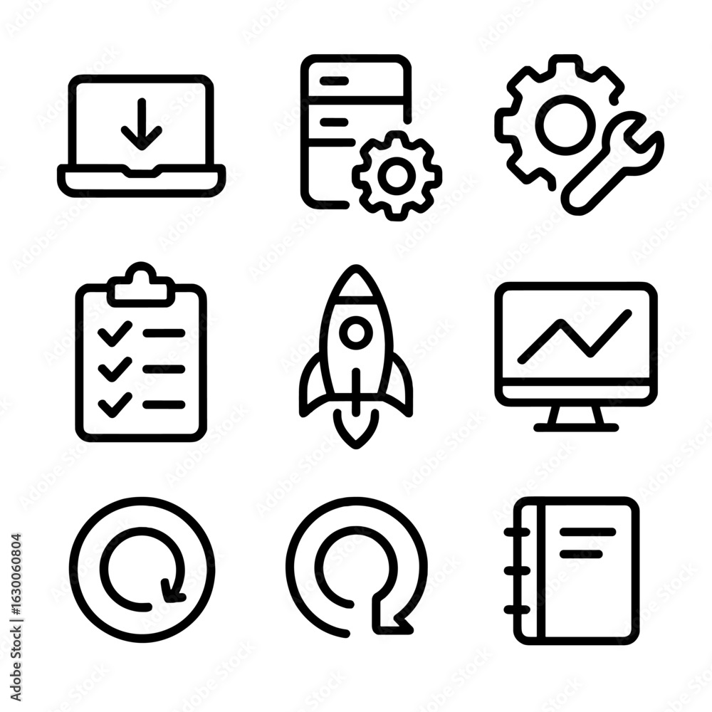 Poster deployment process icons. outline icon set of deployment process: software installation, server setu