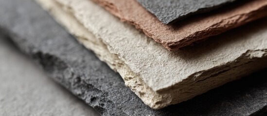 Stacked textured handmade paper of various colors, close-up on rough edges