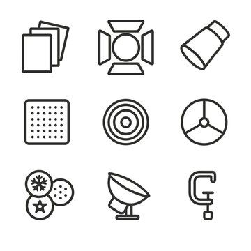 Stage Lighting Icons. Outline icon set of stage lighting accessories: gels, barn doors, snoot, diffuser, lens, color wheel, gobos,