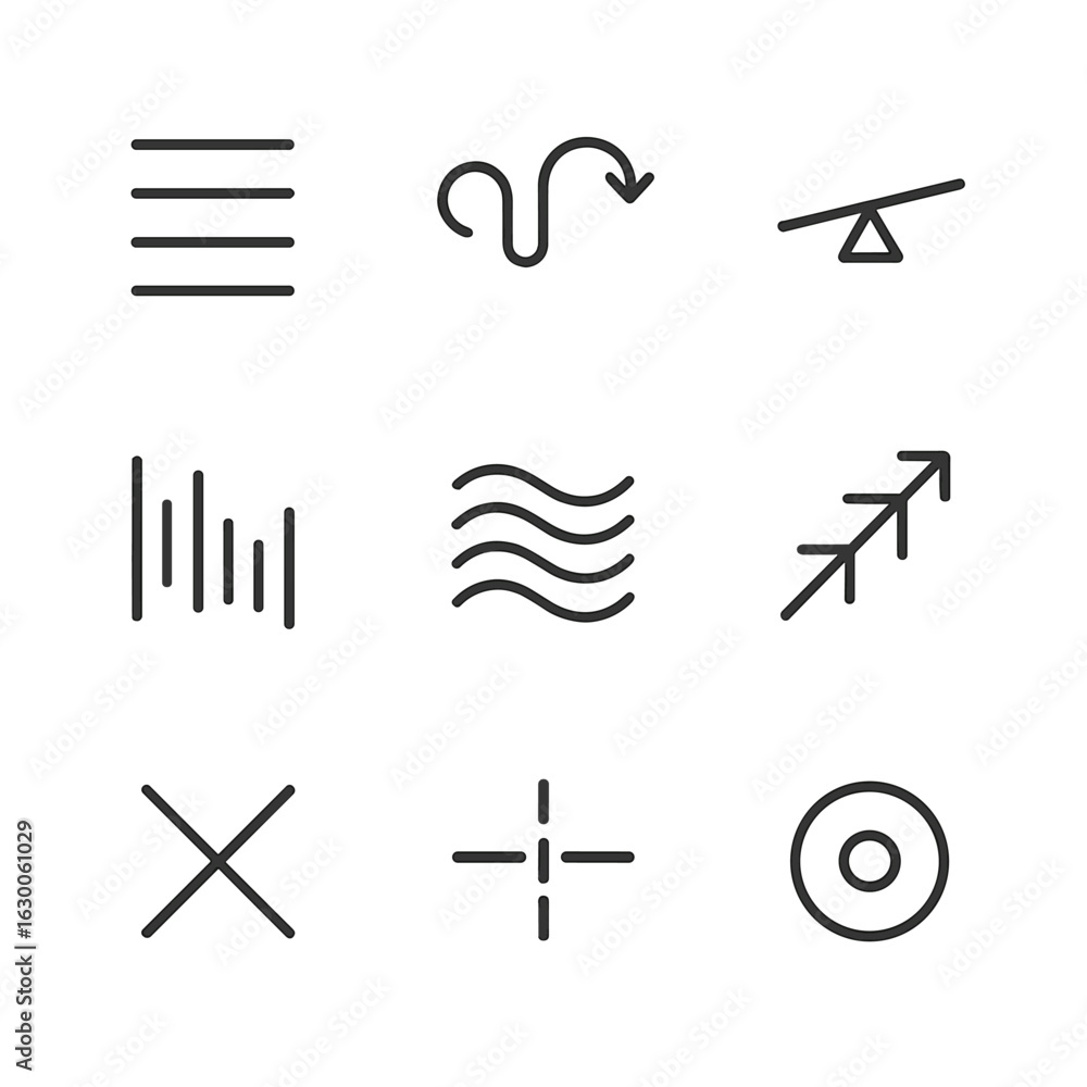 Poster design principles icons. outline icon set of line concepts in design: alignment, flow, balance, rhyt