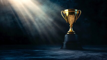 Dramatic golden trophy spotlight victory award achievement celebration
