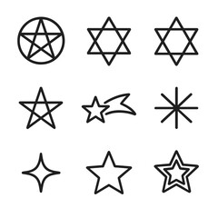 Star Icon Collection. Outline icon set of star shapes: pentagram, hexagram, star of David, star polygon, shooting star, starburst,