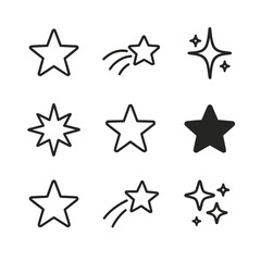 Star Icon Collection. Outline icon set of star shapes: five-pointed star, shooting star, twinkling star, starburst, hollow star,