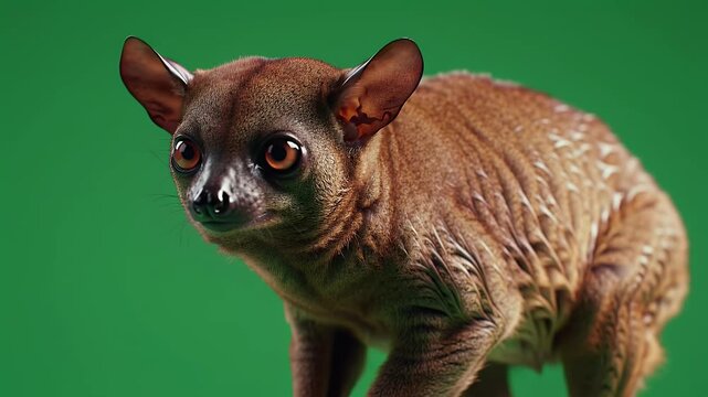 Curious nocturnal prosimian with big expressive eyes and brown fur, isolated on a vibrant green studio background.