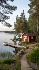 Fototapeta premium View on red holiday cabin by a lake in Stockholm archipelago of the lake in Finland.