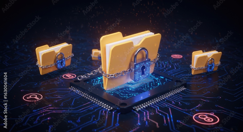 Poster secure data folders chained to a lock on a circuit board illustration