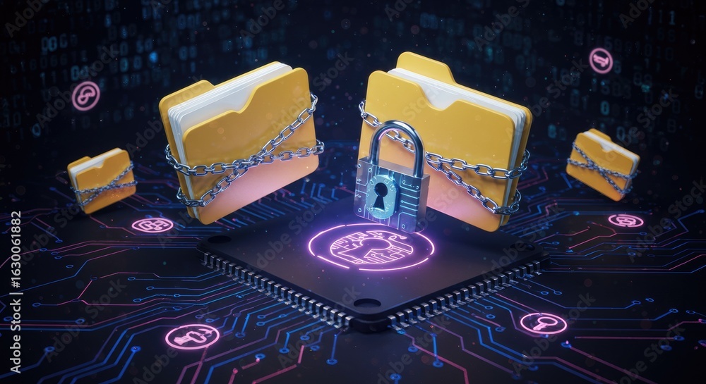 Poster secure digital data illustrated with chained folders on a microchip