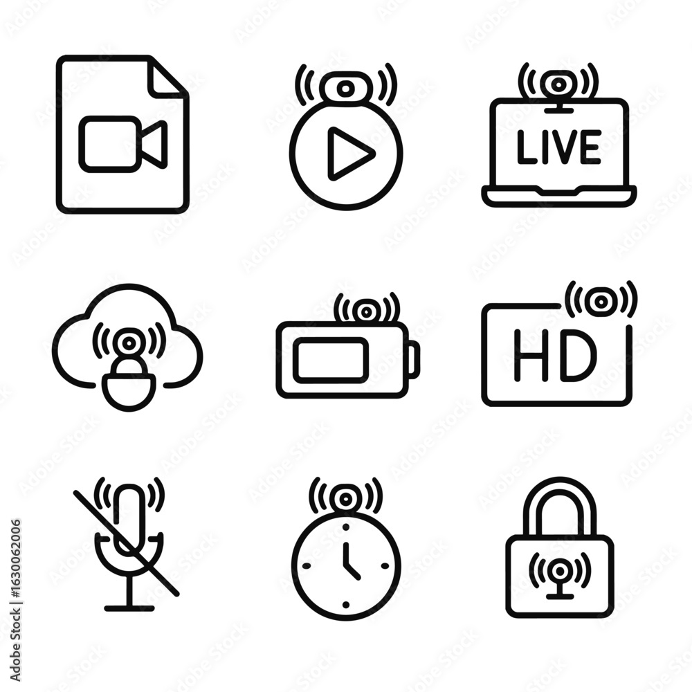Poster hidden camera icon set. outline icon set of hidden camera recording features: video file, play butto