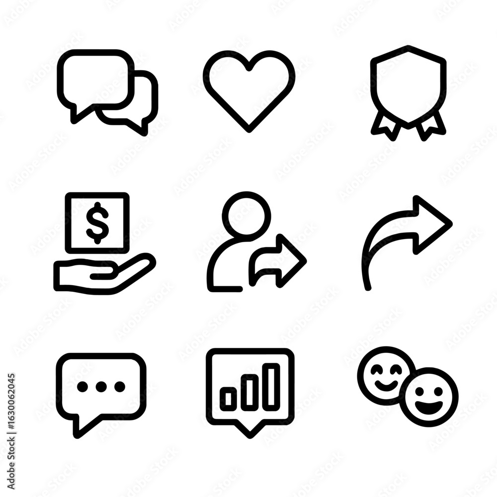 Poster stream interaction icons. outline icon set of stream interaction: chat messages, likes, subscriber b