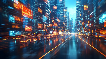Futuristic cityscape with glowing data displays and blurred moti