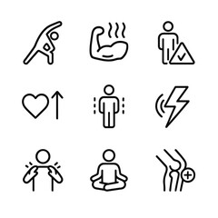 Stretch Benefits Icons. Outline icon set of stretch benefits: improved flexibility, muscle relaxation, injury prevention,