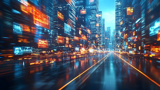 Futuristic cityscape with glowing data displays and blurred moti
