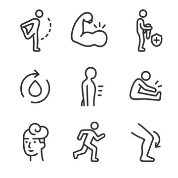 Stretch Benefits Icons. Outline icon set of stretch benefits: improved flexibility, muscle relaxation, injury prevention,