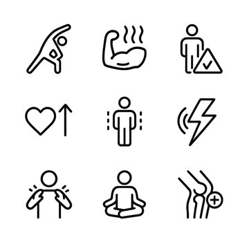 Stretch Benefits Icons. Outline icon set of stretch benefits: improved flexibility, muscle relaxation, injury prevention,