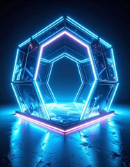 Futuristic neon hexagonal structure glowing in a dark space, showcasing modern design and innovation.