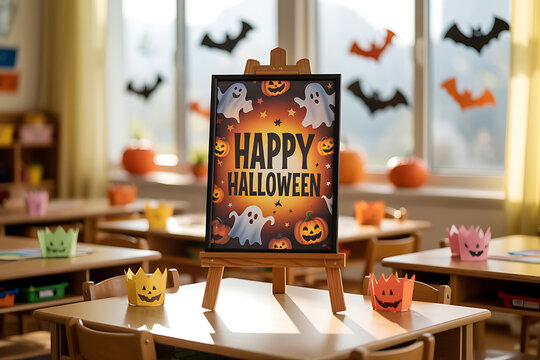 Festive halloween classroom decoration featuring a happy halloween sign with pumpkins and ghosts