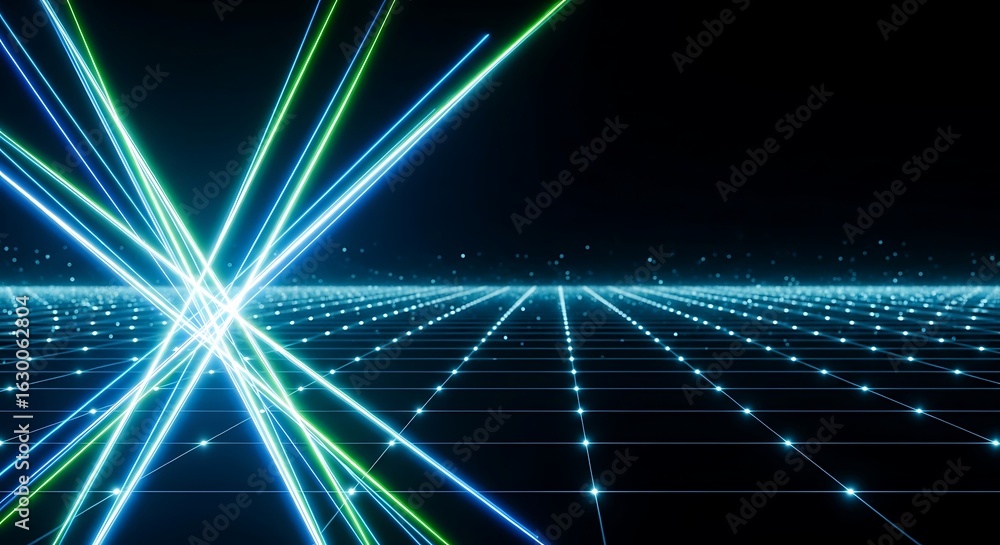 Poster glowing neon lines intersect on a digital grid, creating a futuristic, abstract landscape.