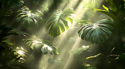 Naklejka premium Sunlit Monstera Leaves: A Tropical Oasis Bathed in Ethereal Ligh