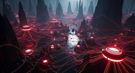 A Vast Alien Cityscape Illuminated by Networks of Pulsating Red Energy and Strange Architectures