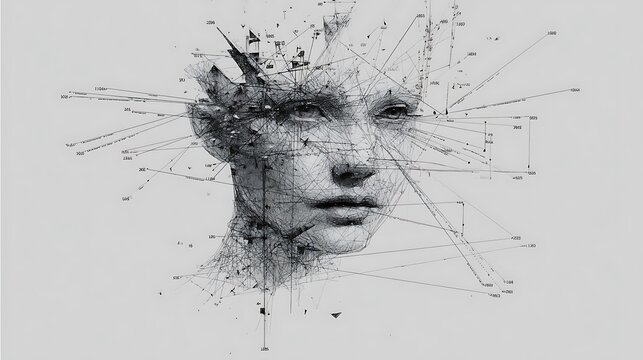 fragmented face with sound lines and thought streams radiating from it, minimal background, conceptual visualization of intrusive thoughts and echoes 