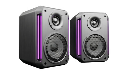 Fototapeta premium Modern stereo audio speakers with vibrant purple LED light strips for immersive sound.