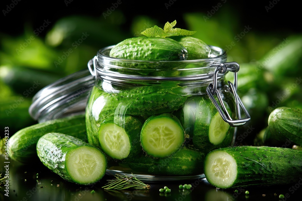 Poster fresh cucumbers prepared for pickling on a dark background with herbs and spices