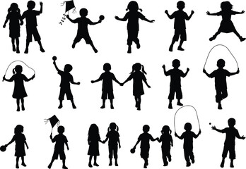 Fototapeta premium Collection of diverse children s silhouettes engaged in various playful activities and sports on a white background