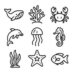 Naklejka premium Marine Biodiversity Icons. Outline icon set of marine biodiversity elements: whale, coral, crab, dolphin,