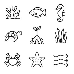 Fototapeta premium Marine Biodiversity Icons. Outline icon set of marine biodiversity: coral, fish, seahorse, turtle, mangrove