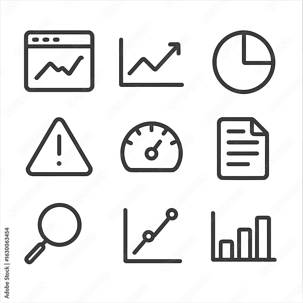 Poster digital analytics icons. outline icon set of digital monitoring and analytics: dashboard, graph, pie