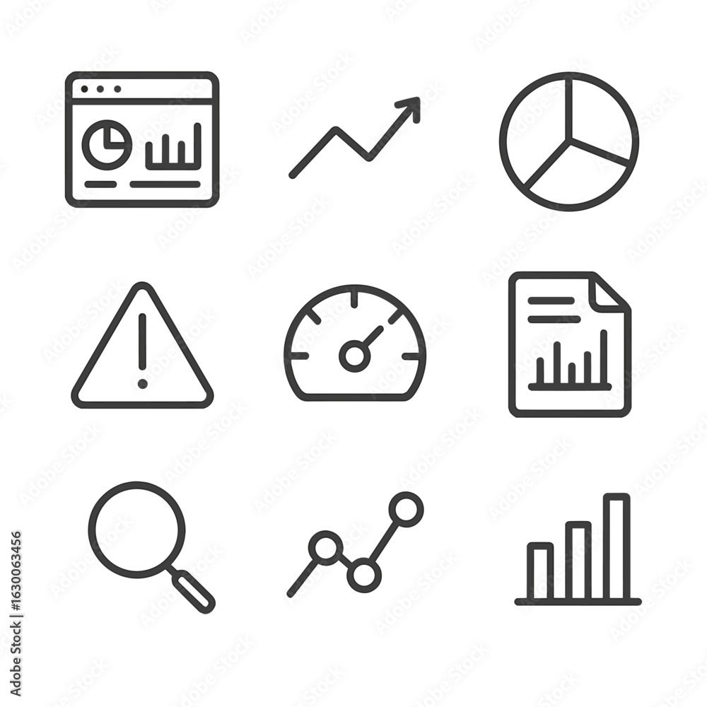 Poster digital analytics icons. outline icon set of digital monitoring and analytics: dashboard, graph, pie