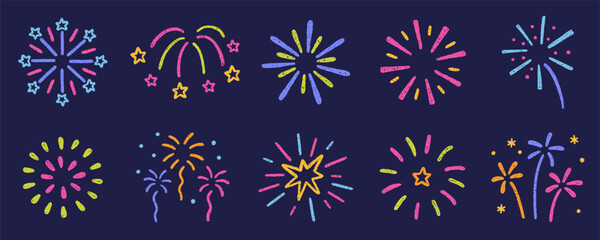 Chalk pencil fireworks, sparkling stars doodle set. Kids crayon color firecracker, confetti, sunburst, explosion in sketch style. Grunge texture. Hand drawn vector illustration 