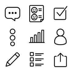 Survey Icon Set. Outline icon set of survey elements: question bubble, feedback form, tick box, radio group, poll chart, user