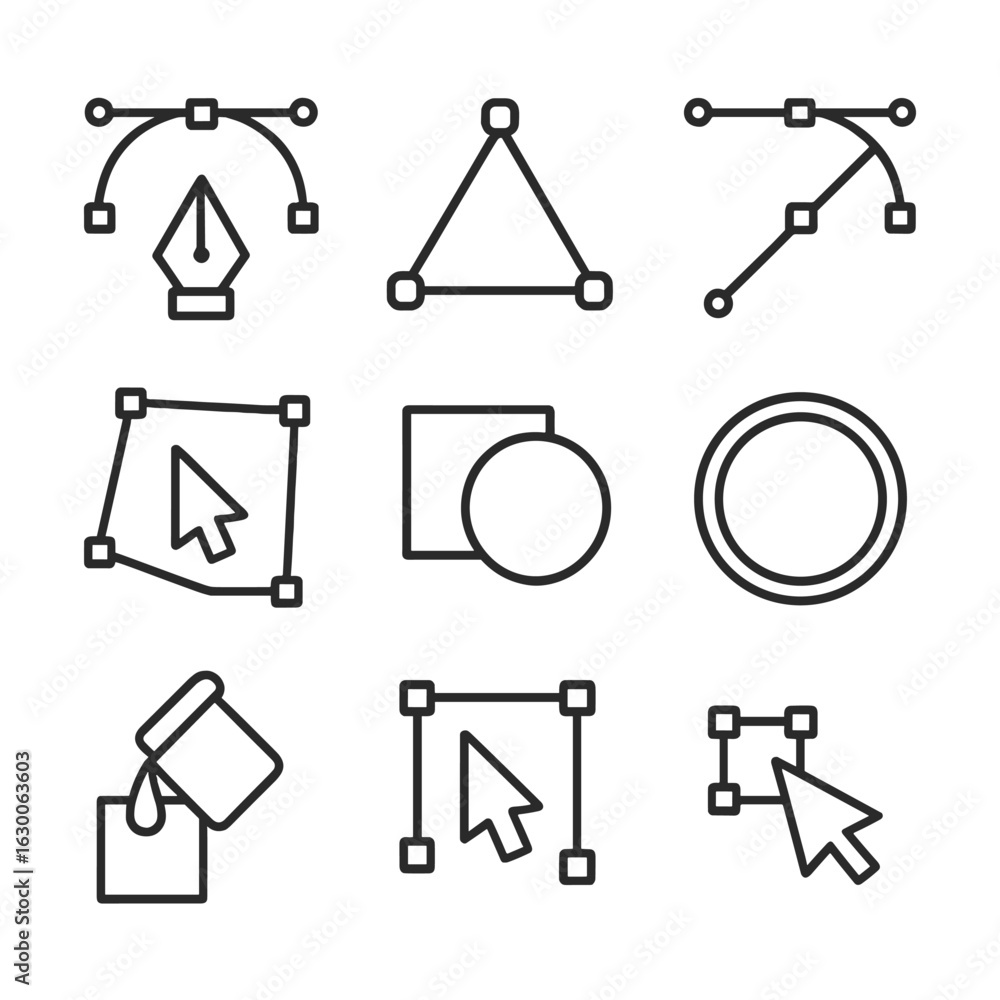 Poster digital design icons. outline icon set of digital design paths: bézier curve, anchor points, vector 