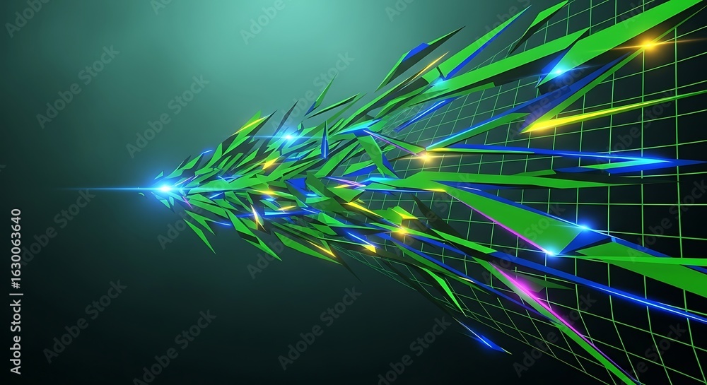 Poster abstract green geometric shapes exploding forward through digital grid with light streaks