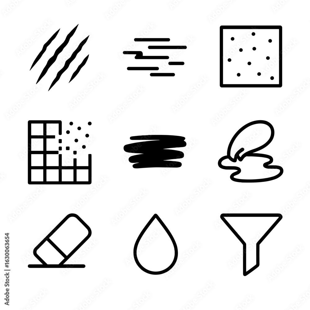 Poster digital editing icons. outline icon set of scratch in digital editing: scratch effect, glitch, noise