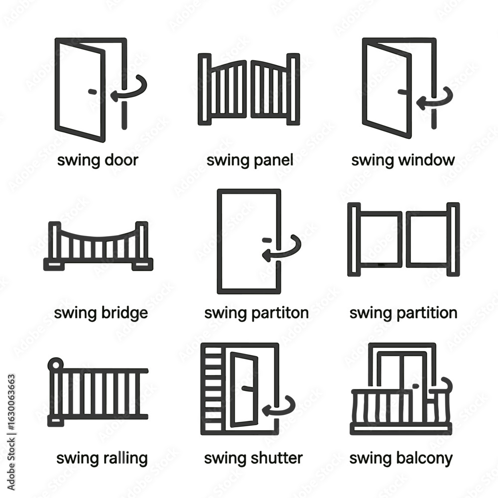 Poster swing architecture icons. outline icon set of swing in architecture: swing door, swing gate, swing w